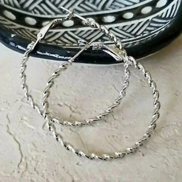 Modern Twisted Silver Rope Hoop Earrings 40mm 1.6" - Picture 1 of 4
